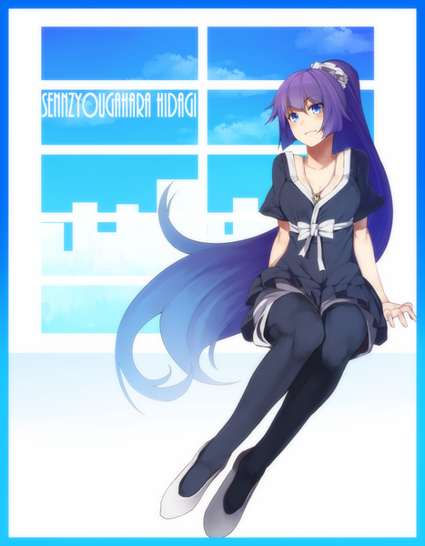 Anime picture 1250x1606 with bakemonogatari shaft (studio) monogatari (series) senjougahara hitagi irohara mitabi single long hair tall image blue eyes purple hair ponytail border girl dress