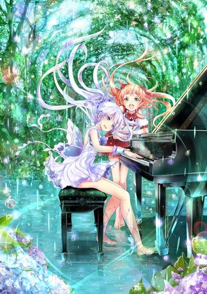Anime picture 849x1200 with original keepout long hair tall image looking at viewer blush fringe open mouth smile purple eyes bare shoulders multiple girls green eyes looking away silver hair full body ponytail head tilt pleated skirt barefoot