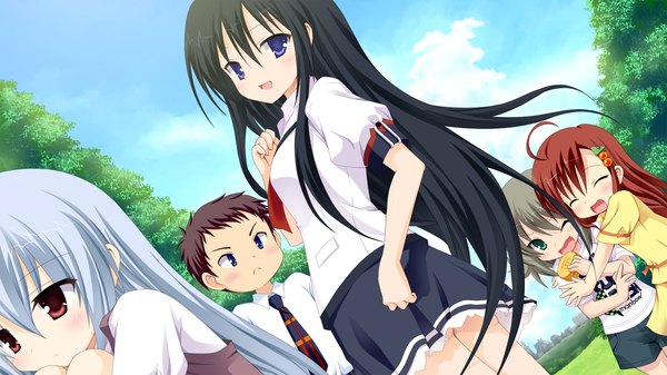 Anime picture 2048x1152 with namima no kuni no faust long hair highres blue eyes black hair red eyes wide image multiple girls blue hair game cg red hair grey hair girl boy uniform school uniform 4 girls