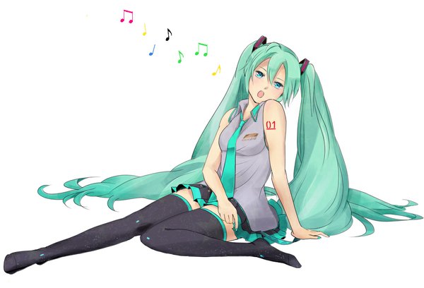 Anime picture 1000x680 with vocaloid hatsune miku sage sage single open mouth simple background white background twintails very long hair aqua eyes aqua hair zettai ryouiki girl thighhighs skirt black thighhighs miniskirt necktie