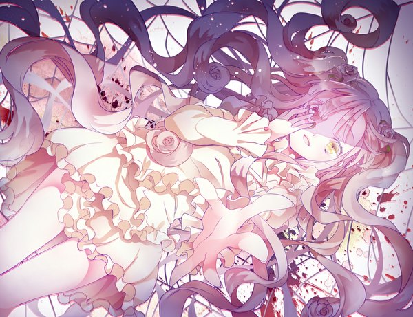 Anime picture 1000x769 with rozen maiden kirakishou iku1539 single looking at viewer fringe open mouth yellow eyes very long hair curly hair girl thighhighs dress frills white dress blood eyepatch lock spider web