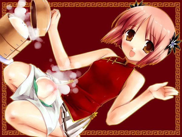 Anime picture 1024x768 with short hair bare shoulders brown eyes pink hair chinese clothes skirt flower (flowers) food chinese dress nikuman