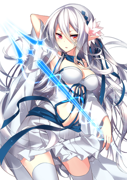 Anime picture 1200x1695 with sound voltex ortlinde nblg valkyria homaderi single tall image fringe breasts light erotic simple background hair between eyes red eyes large breasts white background looking away cleavage silver hair very long hair pleated skirt pointy ears bare belly