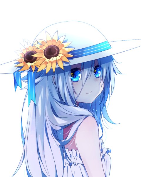 Anime picture 640x800 with vocaloid ia (vocaloid) asagao minoru single long hair tall image looking at viewer blush fringe blue eyes simple background smile hair between eyes white background bare shoulders blue hair purple hair upper body looking back multicolored hair