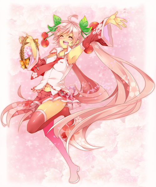 Anime picture 1000x1200 with vocaloid hatsune miku sakura miku uruhara ryuuku long hair tall image blush open mouth twintails pink hair eyes closed girl thighhighs detached sleeves miniskirt petals necktie food berry (berries) cherry