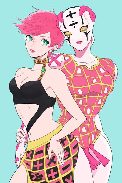Anime picture 1000x1500 with jojo no kimyou na bouken trish una spice girl (stand) mike (tomatomato244) tall image looking at viewer short hair simple background bare shoulders multiple girls green eyes yellow eyes pink hair midriff hand on hip lipstick pink lipstick aqua background stand (jojo) girl