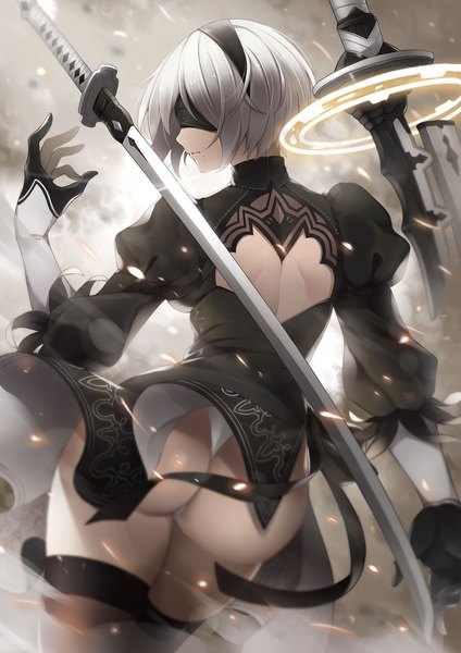 Anime picture 1240x1754 with nier nier:automata yorha no. 2 type b kiyo (chaoschyan) single tall image short hair light erotic standing silver hair ass profile from behind puffy sleeves bare back dress lift blindfold girl dress gloves