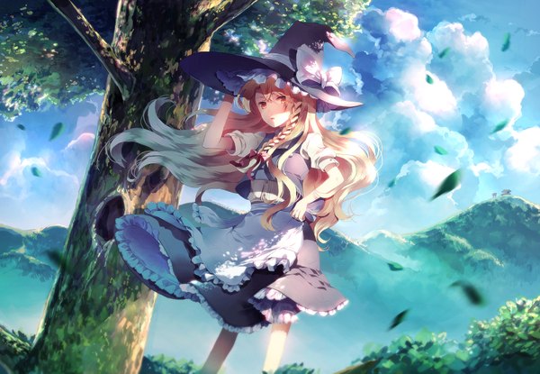 Anime picture 1820x1260 with touhou kirisame marisa sunakumo single long hair highres blonde hair brown eyes sky cloud (clouds) braid (braids) mountain witch girl dress skirt bow plant (plants) hair bow hat