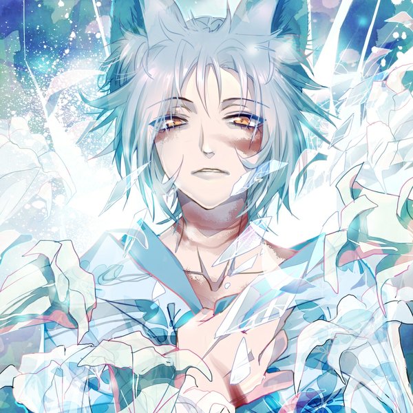 Anime picture 1000x1000 with kamisama hajimemashita tomoe (kamisama hajimemashita) sujikura single looking at viewer fringe short hair animal ears yellow eyes lips fox ears glowing pale skin boy insect butterfly