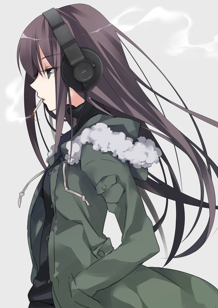 Anime picture 906x1280 with original ech single long hair tall image brown hair holding looking away upper body black eyes grey background open jacket fur trim mouth hold smoke hands in pockets smoking girl jacket headphones