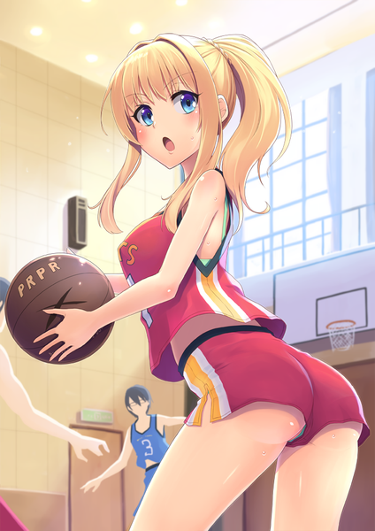 Anime picture 707x1000 with original oyaji-sou long hair tall image blush open mouth blue eyes light erotic blonde hair multiple girls ponytail pantyshot turning head basketball girl uniform underwear panties 3 girls gym uniform