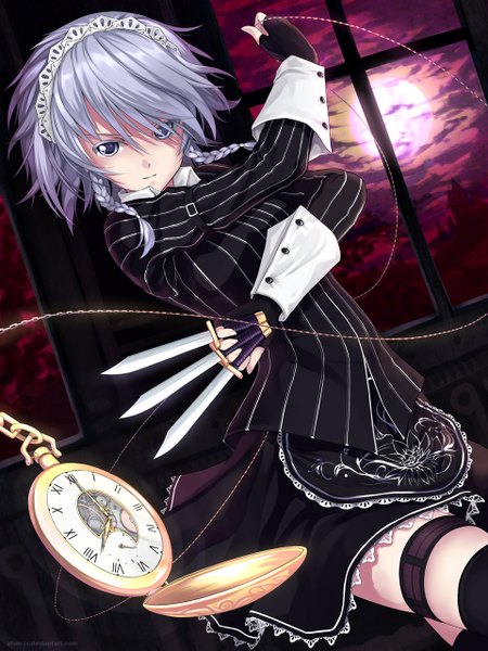 Anime picture 960x1280 with touhou izayoi sakuya atomix single tall image looking at viewer short hair signed purple hair braid (braids) grey eyes zettai ryouiki twin braids girl thighhighs gloves weapon black thighhighs headdress window