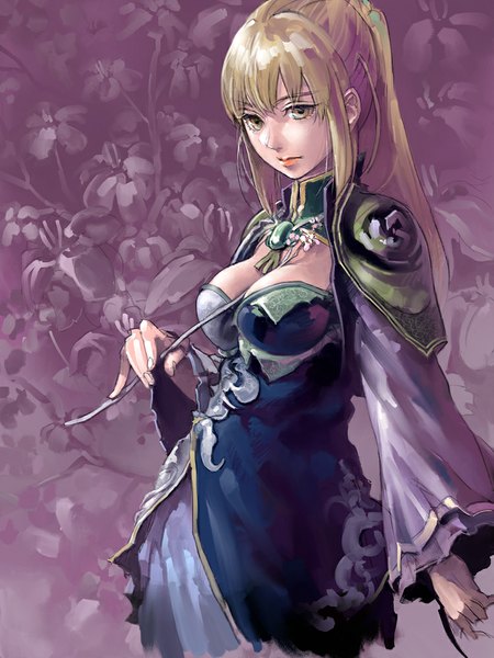 Anime picture 750x1000 with shin sangoku musou wang yuanji pomodorosa single long hair tall image fringe breasts blonde hair standing yellow eyes ponytail long sleeves wide sleeves floral print purple background girl flower (flowers) branch