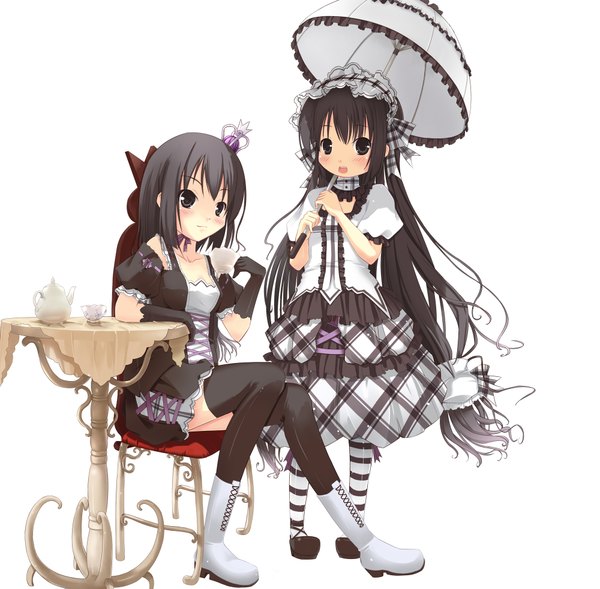 Anime picture 2000x1965 with spirtie long hair blush highres black hair simple background multiple girls black eyes loli striped gothic girl thighhighs dress black thighhighs 2 girls boots headdress umbrella bonnet