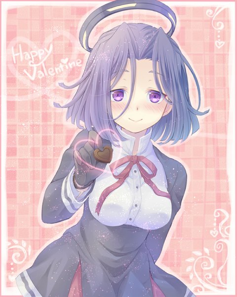 Anime picture 800x1000 with kantai collection tatsuta light cruiser soukuu kizuna single tall image blush short hair purple eyes purple hair inscription valentine girl dress gloves ribbon (ribbons) black gloves food heart sweets halo