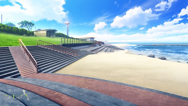 Anime picture 1280x720 with re:lief ebisutaro wide image sky cloud (clouds) outdoors inscription copyright name beach horizon no people landscape scenic seaside plant (plants) tree (trees) sea stairs stone (stones)