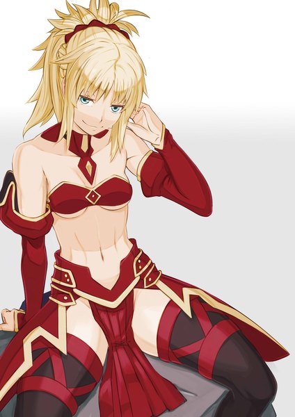 Anime picture 1445x2046 with fate (series) fate/grand order fate/apocrypha mordred (fate) kikken single long hair tall image looking at viewer blue eyes light erotic simple background blonde hair smile sitting payot ponytail light smile spread legs gradient background