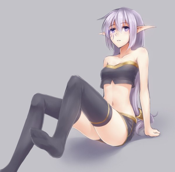 Anime picture 1222x1200 with original kaleina (ricegnat) ricegnat single looking at viewer fringe breasts light erotic simple background sitting purple eyes bare shoulders purple hair bent knee (knees) light smile pointy ears grey background arm support tattoo elf