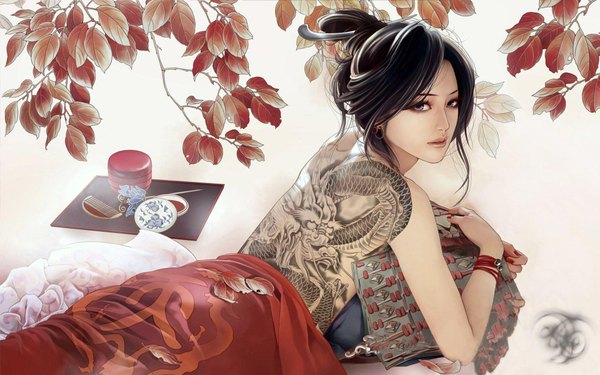 Anime picture 1920x1200 with jianxia qingyuan 3 zhang xiao bai single long hair looking at viewer highres black hair wide image brown eyes nail polish realistic grey eyes tattoo back on stomach autumn girl plant (plants) tree (trees) bracelet