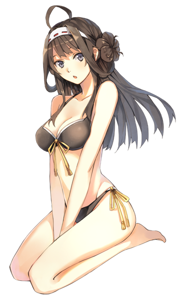 Anime picture 1200x2000 with kantai collection kongou battleship hao (patinnko) single long hair tall image looking at viewer blush breasts light erotic brown hair sitting bare shoulders full body ahoge barefoot bare legs grey eyes hair bun (hair buns) transparent background