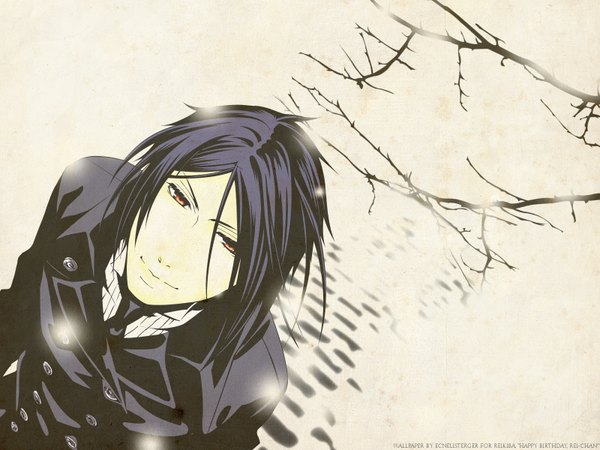 Anime picture 1600x1200 with kuroshitsuji a-1 pictures sebastian michaelis toboso yana single looking at viewer short hair black hair red eyes light smile from above snowing winter double buttons boy buttons coat branch