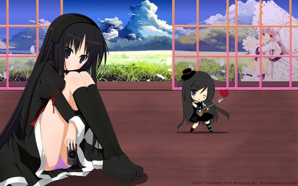Anime picture 1920x1200 with k-on! chobits kyoto animation akiyama mio chii long hair highres light erotic black hair wide image sitting cloud (clouds) black eyes pantyshot pantyshot sitting chibi crossover dress underwear hat