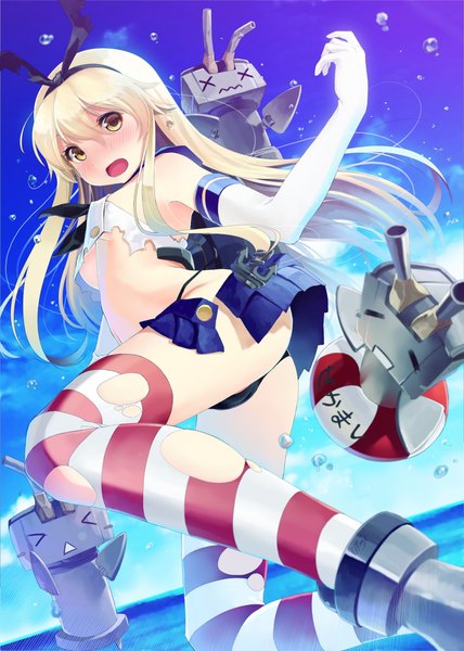 Anime picture 1600x2240 with kantai collection shimakaze destroyer rensouhou-chan okingjo single long hair tall image blush open mouth light erotic blonde hair yellow eyes torn clothes girl thighhighs underwear panties bow weapon hair bow