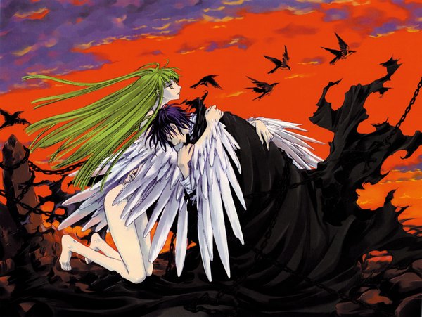 Anime picture 4190x3155 with code geass sunrise (studio) c.c. lelouch lamperouge long hair fringe highres light erotic blue hair absurdres sky purple hair eyes closed green hair scan couple hug torn clothes bondage ruins