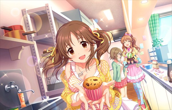 Anime picture 1280x824 with idolmaster idolmaster cinderella girls totoki airi moroboshi kirari mimura kanako long hair looking at viewer blush short hair brown hair twintails multiple girls brown eyes eyes closed cup of love girl dress ribbon (ribbons) hair ribbon food