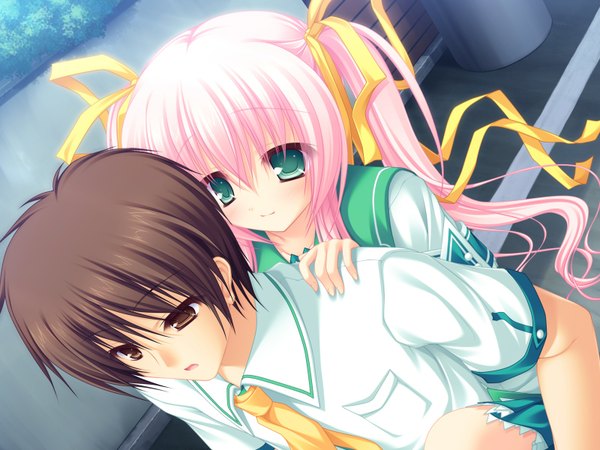 Anime picture 1600x1200 with neko koi! whirlpool (studio) toono sayaka mikagami mamizu long hair short hair black hair twintails brown eyes green eyes pink hair game cg girl boy ribbon (ribbons) hair ribbon serafuku