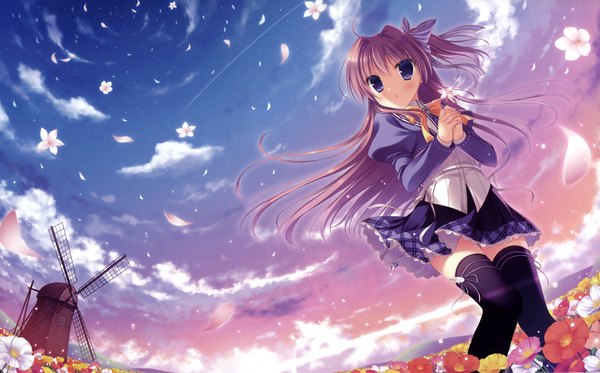 Anime picture 3600x2238 with yukie (peach candy) single long hair highres blue eyes brown hair wide image absurdres sky cloud (clouds) scan girl thighhighs skirt uniform flower (flowers) black thighhighs school uniform petals windmill