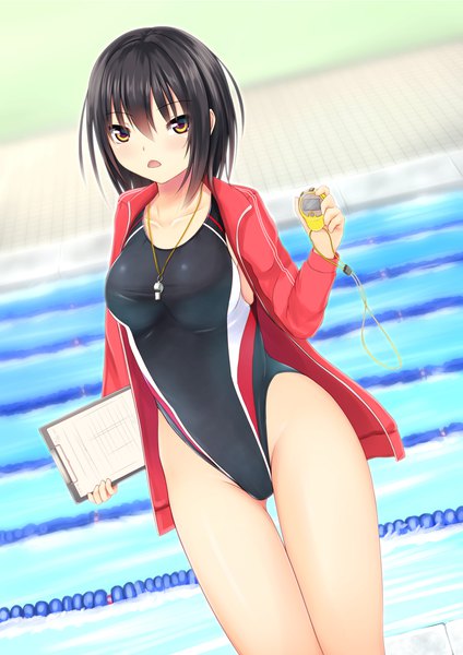 Anime picture 1447x2046 with original kurokami (kurokaminohito) single tall image looking at viewer blush short hair open mouth light erotic black hair brown eyes girl swimsuit one-piece swimsuit competition swimsuit black swimsuit