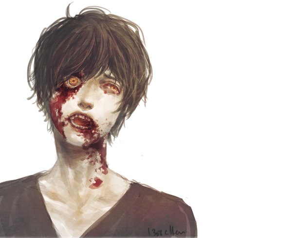 Anime picture 2000x1632 with original chen (artist) single highres short hair open mouth simple background brown hair white background brown eyes tears crying horror creepy pain boy blood