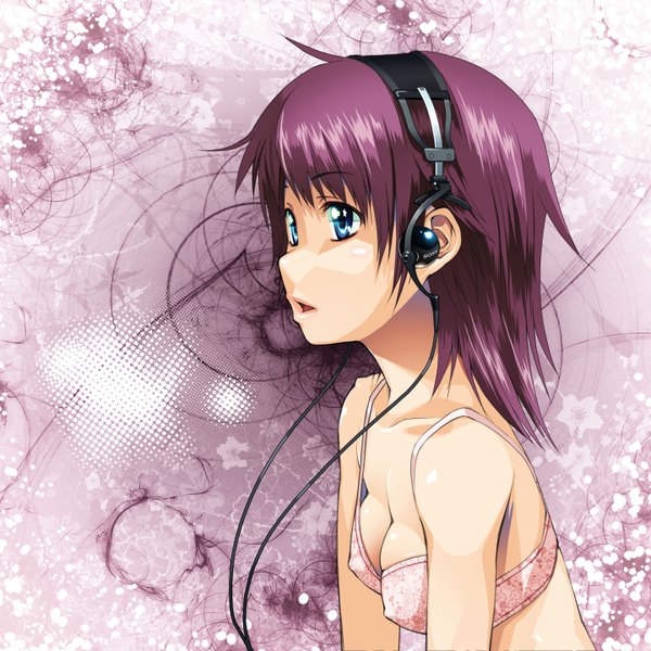 Anime picture 1440x1440 with sony asaki takayuki single short hair open mouth blue eyes light erotic purple hair purple background girl headphones wire (wires)