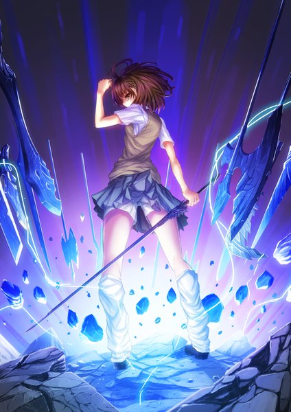 Anime picture 2894x4093 with to aru kagaku no railgun to aru majutsu no index j.c. staff misaka mikoto terajou tadahito (artist) single tall image highres short hair brown hair brown eyes looking back lightning destruction girl skirt uniform weapon school uniform sword