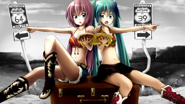 Anime picture 1920x1080 with vocaloid hatsune miku megurine luka long hair highres open mouth blue eyes wide image sitting twintails bare shoulders multiple girls pink hair aqua eyes aqua hair midriff pointing girl skirt navel