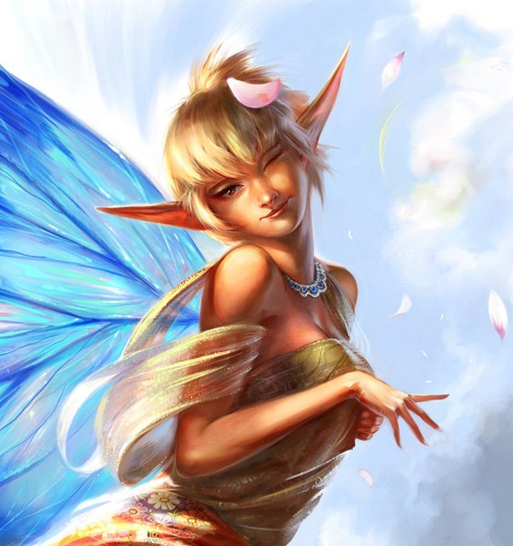Anime picture 778x828 with legend: hand of god (game) agnidevi (artist) single tall image looking at viewer short hair blonde hair red eyes one eye closed lips pointy ears wink fantasy insect wings fairy girl petals wings