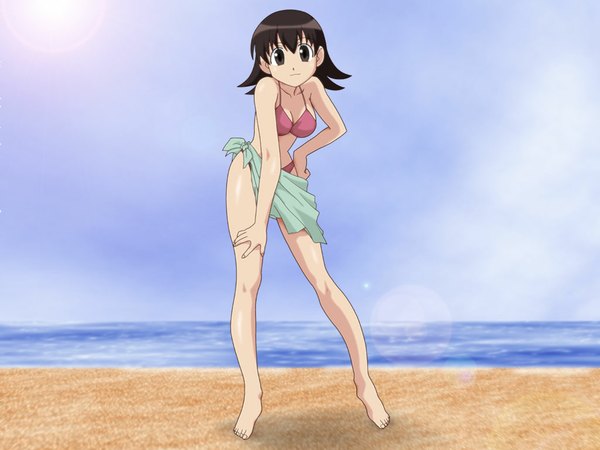 Anime picture 1024x768 with azumanga daioh j.c. staff takino tomo beach lens flare girl swimsuit bikini sea pareo