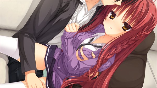 Anime picture 1280x720 with dracu-riot! yuzusoft yarai miu long hair blush light erotic wide image brown eyes game cg red hair braid (braids) breast grab girl thighhighs skirt miniskirt white thighhighs sweater