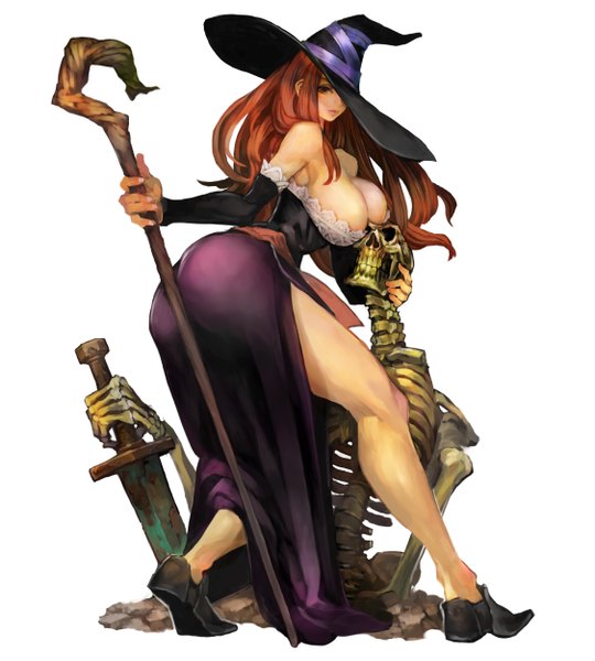 Anime picture 4500x5000 with dragon's crown vanillaware sorceress (dragon's crown) kamitani george single long hair tall image highres breasts light erotic simple background brown hair large breasts white background absurdres orange eyes legs witch skeleton girl