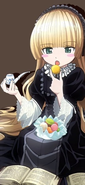 Anime picture 496x1080 with gosick studio bones victorique de blois single long hair tall image blush fringe open mouth simple background blonde hair sitting green eyes payot blunt bangs looking down eating lolita fashion goth-loli brown background