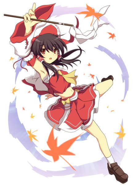 Anime picture 757x1050 with touhou hakurei reimu cross (crossryou) single tall image blush short hair open mouth black hair simple background red eyes white background traditional clothes miko girl navel detached sleeves leaf (leaves) gohei