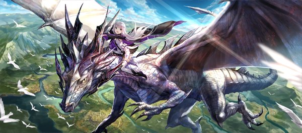 Anime picture 2751x1218 with kenja no deshi wo nanoru kenja sakimori kagami fuzichoco single long hair looking at viewer highres open mouth blue eyes wide image white hair official art flying landscape fantasy scenic frilly skirt midair riding girl