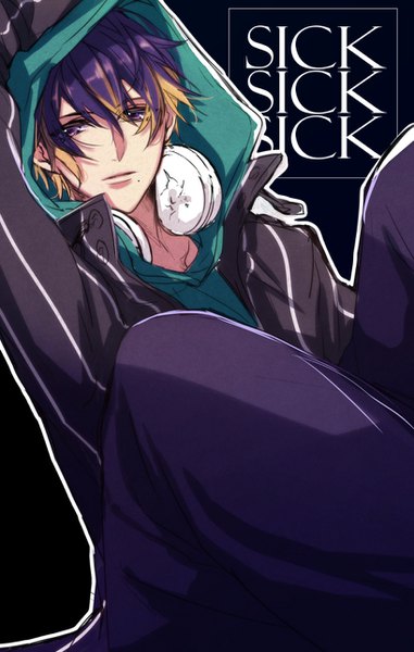 Anime picture 818x1286 with a3! usui masumi murasakino single tall image fringe short hair hair between eyes sitting purple eyes purple hair multicolored hair arm up two-tone hair black background headphones around neck boy headphones hood hoodie