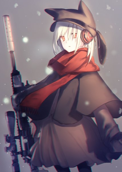 Anime picture 617x865 with original kawanakajima single tall image looking at viewer blush fringe short hair simple background red eyes standing holding animal ears white hair parted lips grey background :o fox ears fox girl snowing