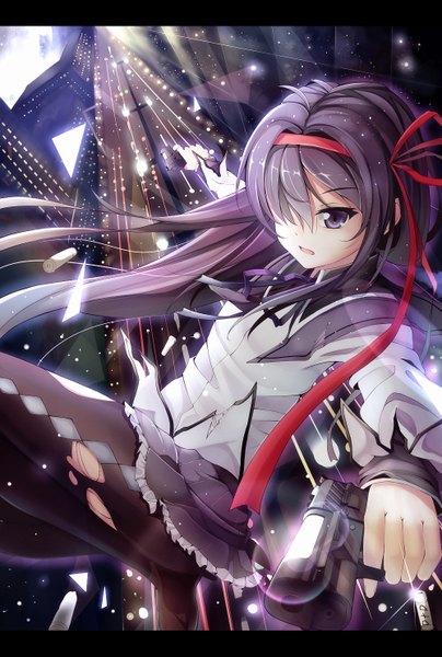 Anime picture 1000x1483 with mahou shoujo madoka magica shaft (studio) akemi homura soulkiller (brz) single long hair tall image fringe purple eyes purple hair hair over one eye girl dress weapon pantyhose hairband gun