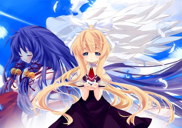 Anime picture 1400x985 with air key (studio) kamio misuzu kannabi no mikoto ayase non (artist) long hair blue eyes blonde hair multiple girls blue hair cloud (clouds) eyes closed miko girl uniform bow ribbon (ribbons) 2 girls hair bow hair ribbon