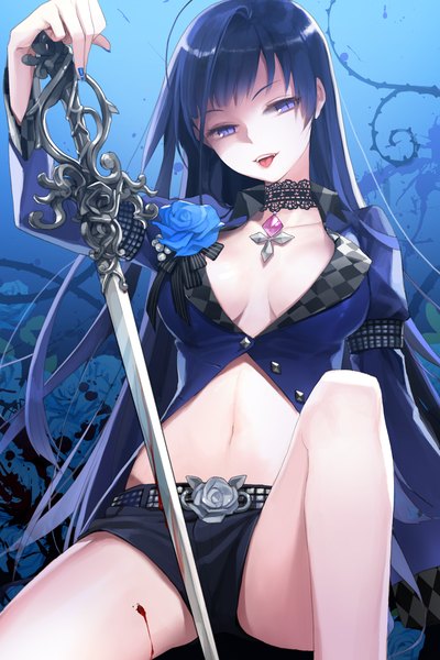 Anime picture 1280x1920 with sword girls anj inyghem salt (salty) single long hair tall image breasts light erotic purple eyes blue hair :p girl navel weapon sword shorts pendant blood blue rose