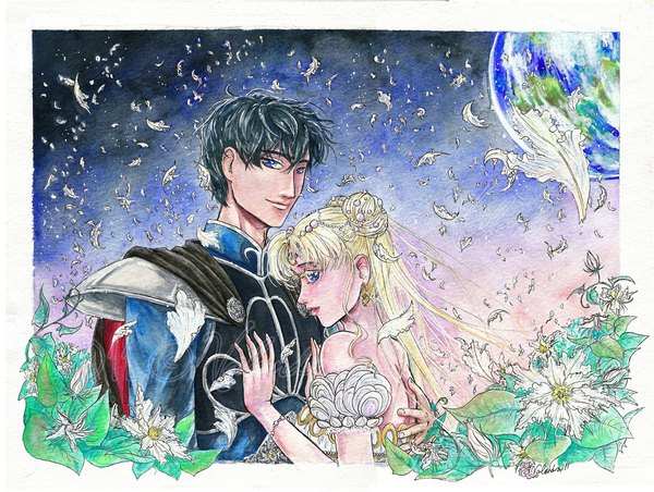Anime picture 1126x850 with bishoujo senshi sailor moon toei animation tsukino usagi princess serenity prince endymion valendra (artist) long hair looking at viewer short hair blue eyes black hair blonde hair twintails bare shoulders signed sky profile light smile wind couple