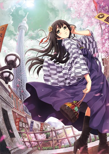 Anime picture 636x900 with original tougarashi hideyu single long hair tall image blush fringe black hair smile green eyes looking away sky cloud (clouds) traditional clothes japanese clothes hair flower wind wide sleeves from below high heels